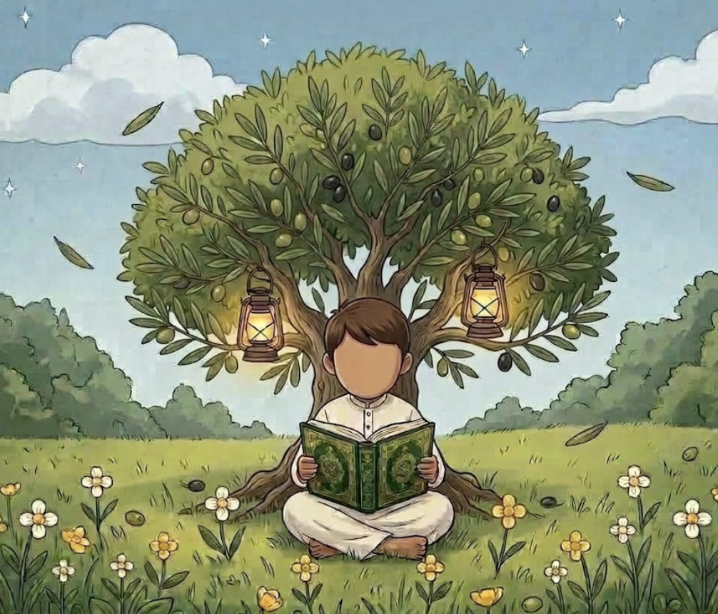 A child reading under an olive tree with lanterns in a peaceful garden