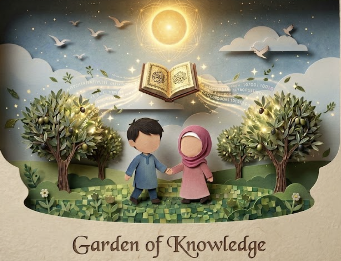 Garden of Knowledge illustration with children, olive trees, birds, and a glowing open book