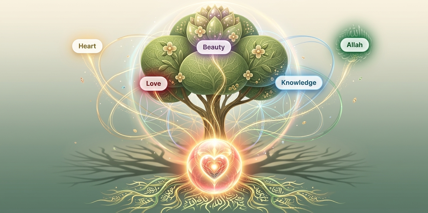 Vision tree rooted in remembrance with labels for heart, love, beauty, knowledge, and Allah