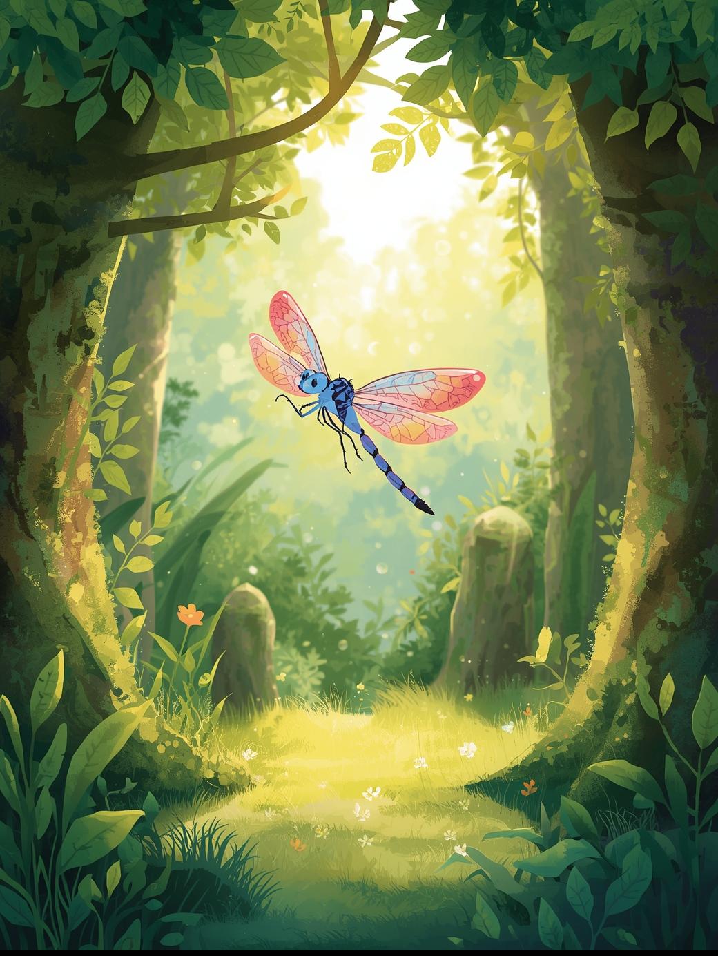 Children's book style forest with warm sunlight and a shining dragonfly