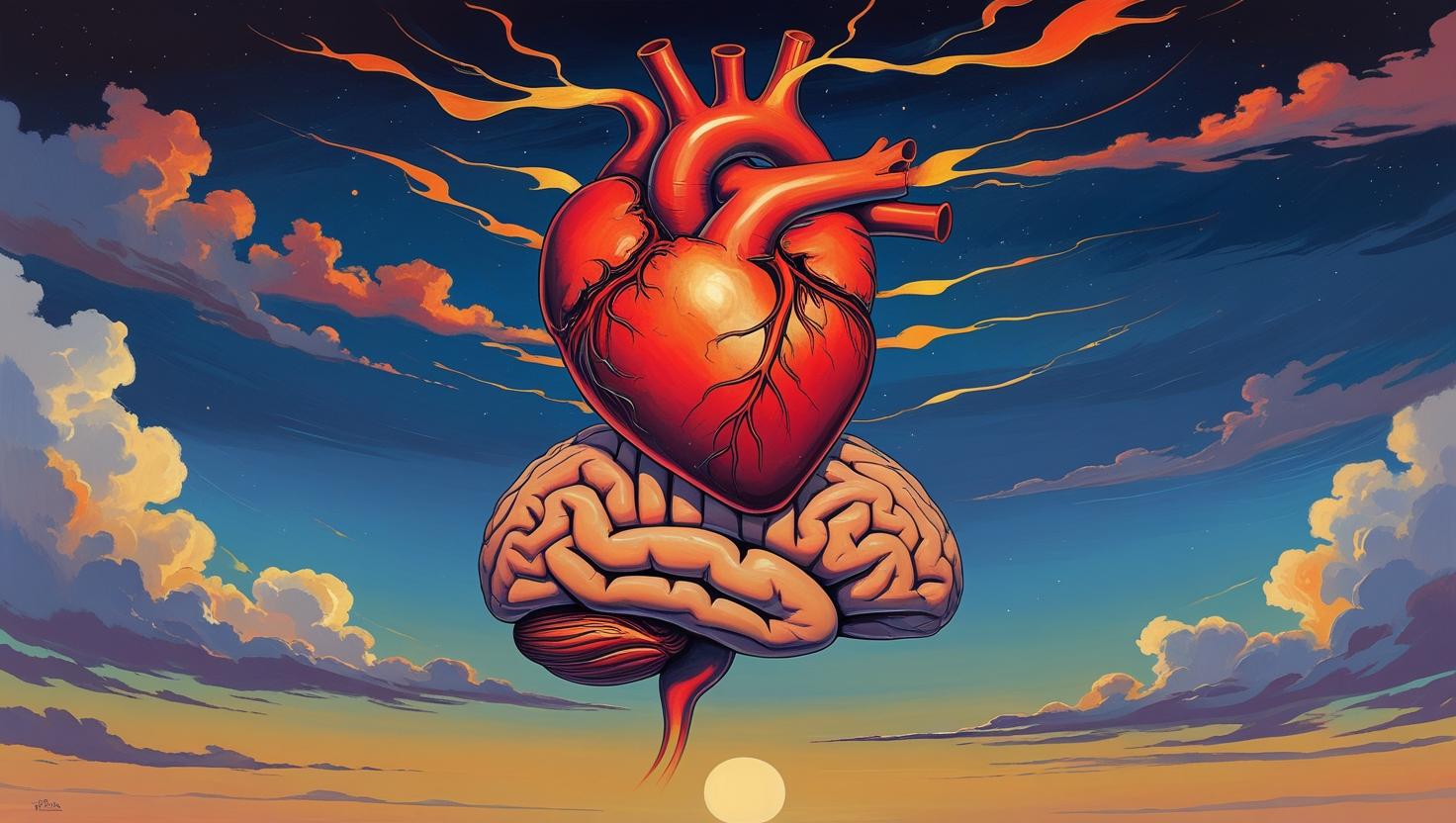 Illustration of a glowing heart above a mind at sunset