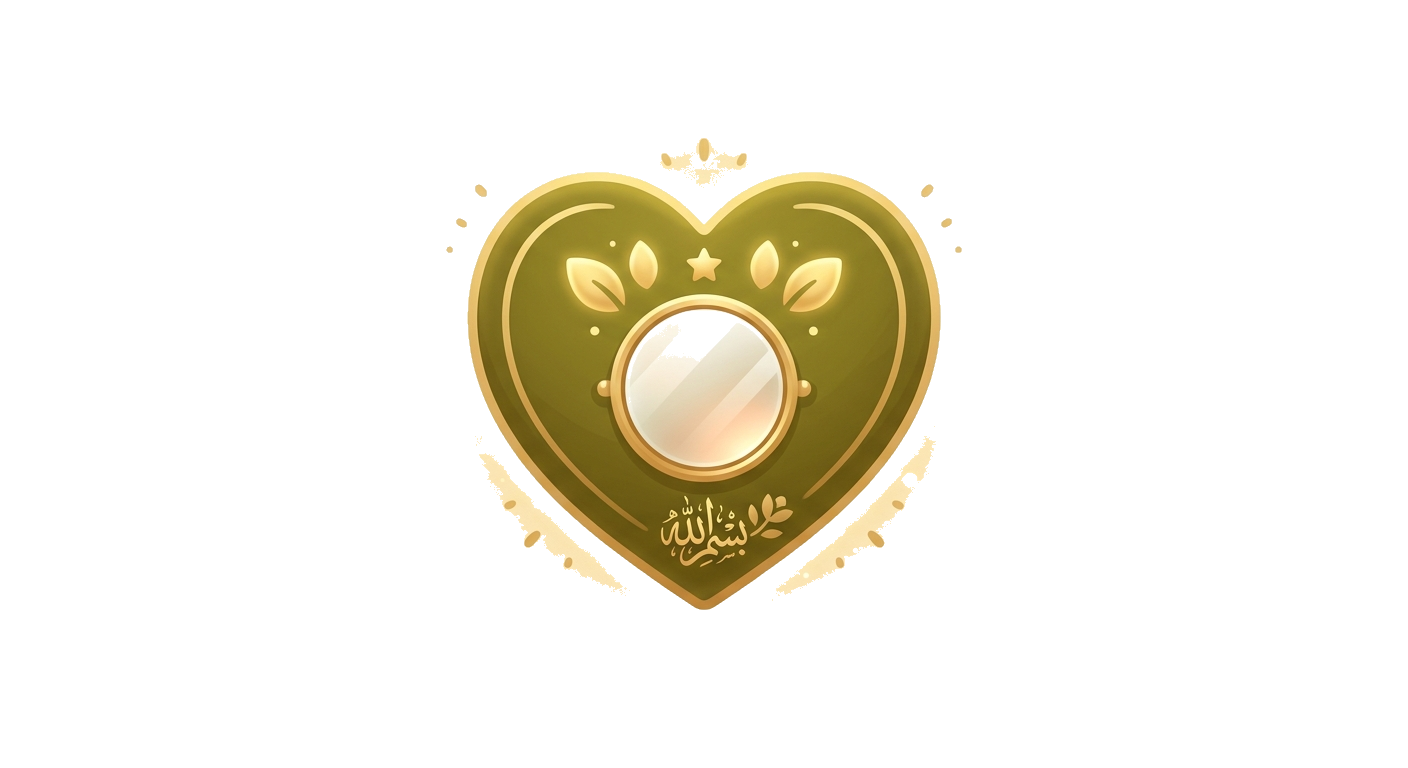 Heart-shaped reflection mirror glowing with olive and gold details