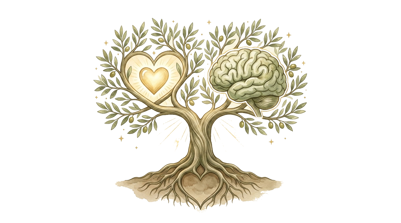 Tree with a glowing heart and mind growing from shared roots