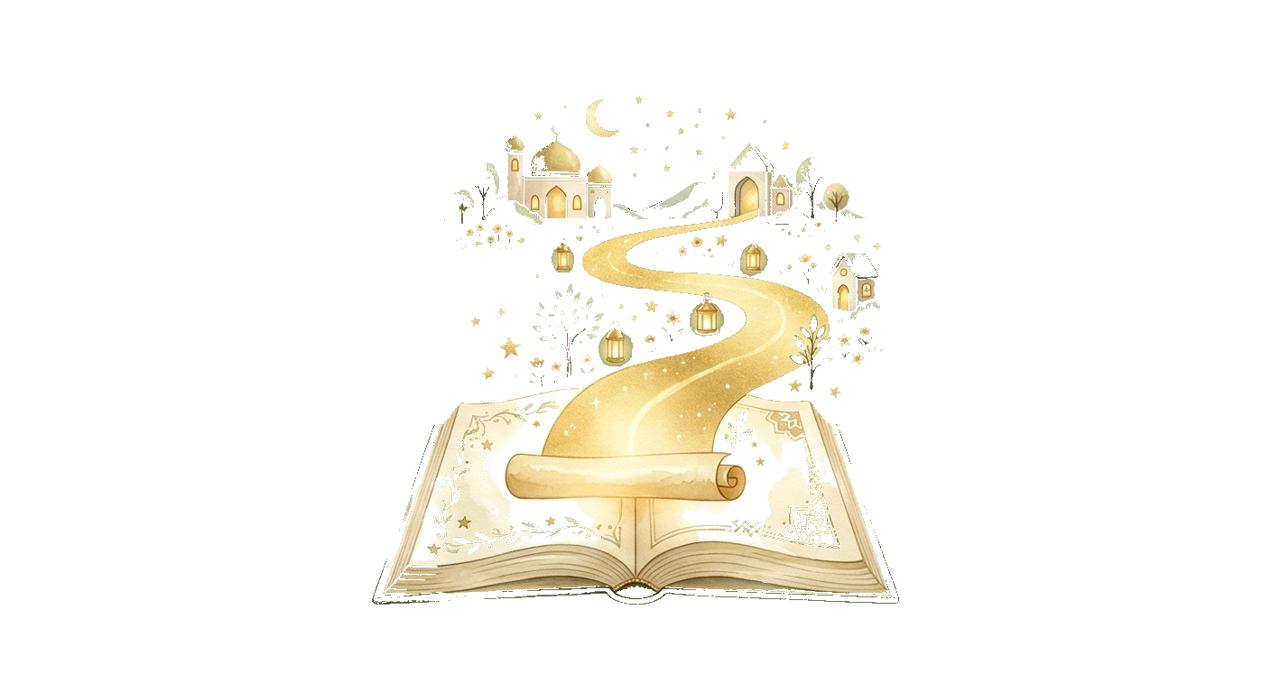 Open book with a glowing story path leading to a peaceful village