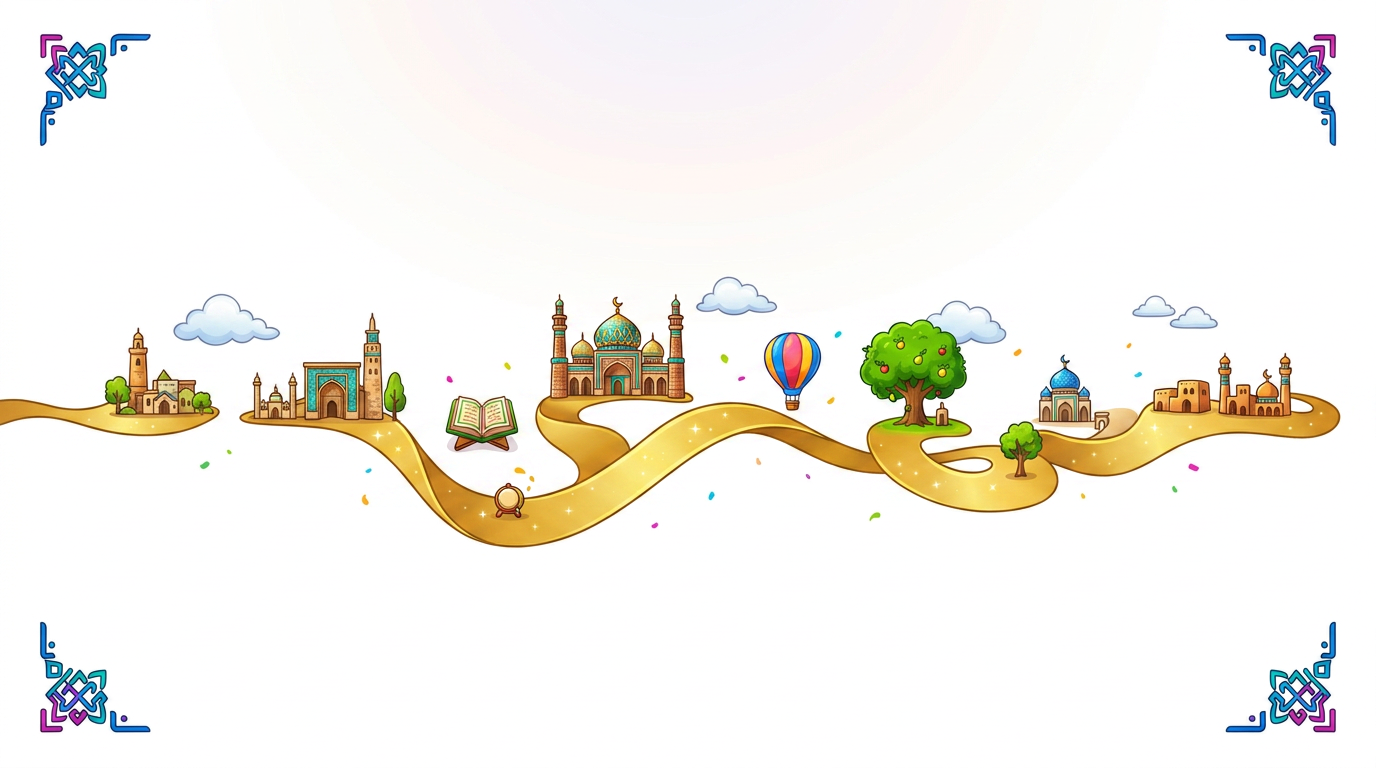 Colorful illustrated golden pathway with mosques, an open book, and a tree
